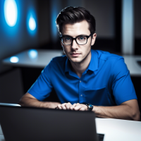 High-angle photo of a male SEO specialist, wearing a blue shirt and black-framed glasses, with a laptop open in front of him. The background is blurred, and the focus is on the man's face and hands typing on the keyboard. Shot with a 50mm lens, f/2.8, and processed in black and white.