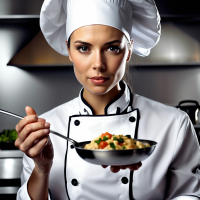 Foto de close-up de uma chef feminina, vestindo uma jaqueta de chef branca e segurando um prato de comida lindamente arranjada. O fundo está desfocado e o foco está no rosto e nas mãos da mulher. Filmado com uma lente de 50mm, f/2.8, e processado em cores quentes e ricas.