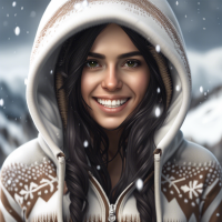 woman 29, full body, cute, ultra-detailed human face, long dark hair, fringe, ultra-detailed brown eyes, ultra-detailed teeth, white teeth, wearing a hoodie, it's snowing, mountains, amazing fine detail, Canon 5DM4, film stock photograph, f1.6 lens, lifelike texture, unreal engine, photorealist, real life