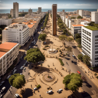 Generate a striking image featuring Venancio Mondlane as the central figure in the heart of Maputo. Picture Venancio Mondlane at the center of the cityscape, symbolizing his pivotal role as a visionary leader.  In this image, envision Maputo's unique beauty and culture surrounding Venancio. Capture the essence of the city's vibrant life, showcasing its streets, landmarks, and people, all converging toward Venancio Mondlane as a symbol of leadership and progress. The image should highlight the harmonious coexistence of tradition and modernity, reflecting a city on the cusp of a prosperous and forward-thinking future.
